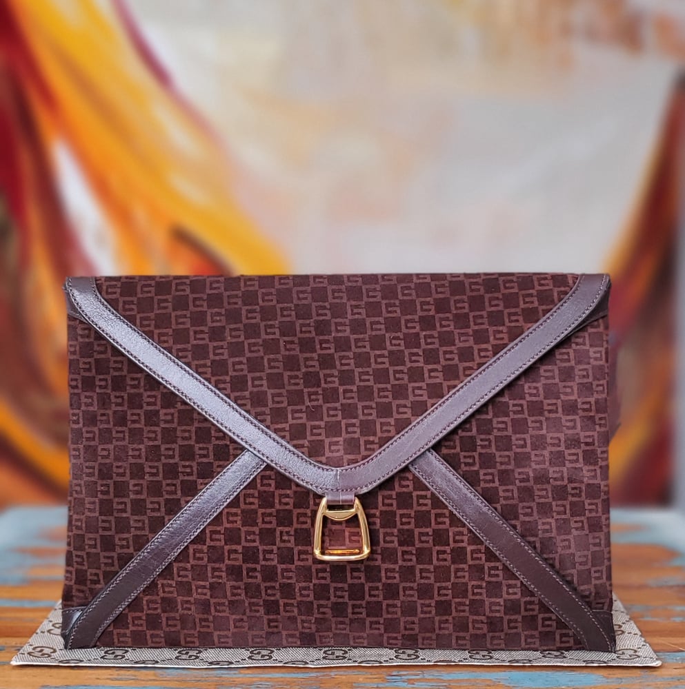 Image of Vtg Gucci "G" Square Brown Suede Clutch