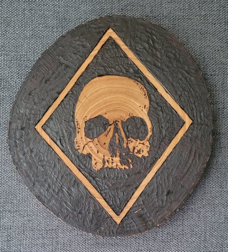 Image of Deathcult wood burning art piece 