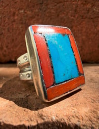 Image 1 of WL&A Old Style Sterling Ingot Turquoise Mtn, Italian Red Coral & Navajo Red Dirt Inlay Ring - Size 8