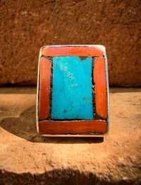 Image 2 of WL&A Old Style Sterling Ingot Turquoise Mtn, Italian Red Coral & Navajo Red Dirt Inlay Ring - Size 8