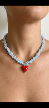 Image 1 of Blue stone necklace with red puff heart charm