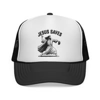 Image 1 of Jesus Saves Trucker Hat, Baseball Cap with Religious Theme Graphic