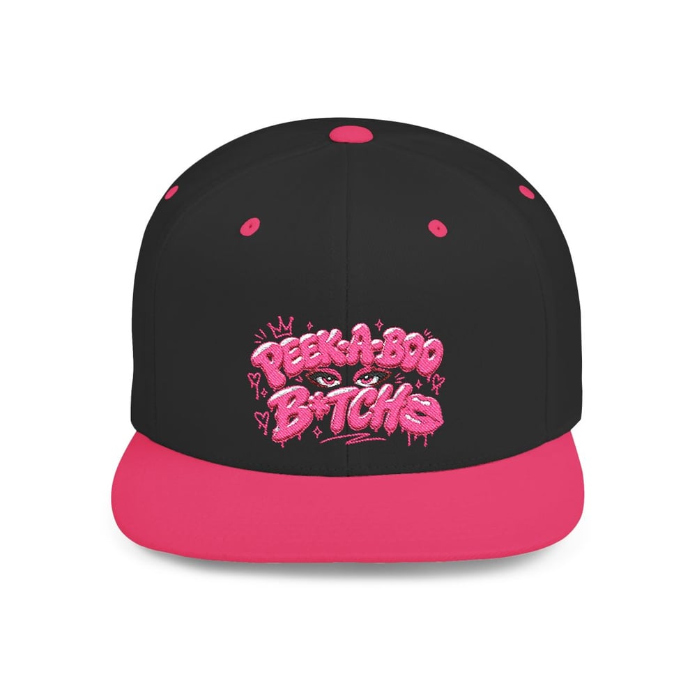 Image of Pink Glitter 'Peek-a-Boo Bitches' Flat Bill Snapback Hat