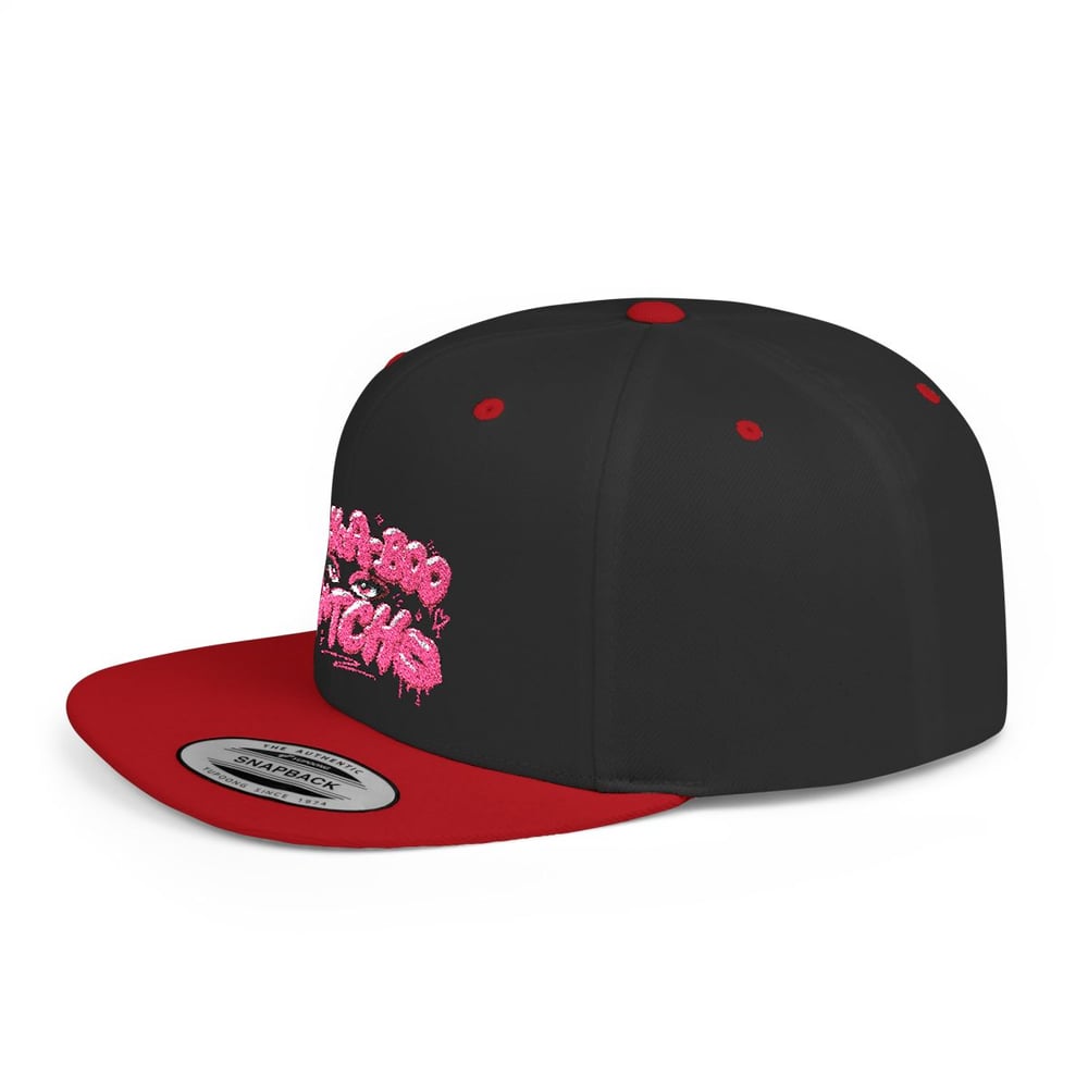Image of Pink Glitter 'Peek-a-Boo Bitches' Flat Bill Snapback Hat