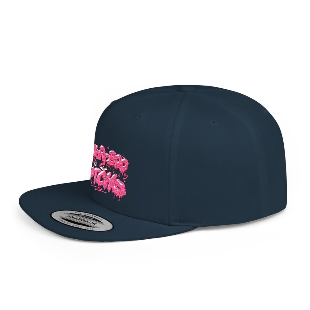 Image of Pink Glitter 'Peek-a-Boo Bitches' Flat Bill Snapback Hat