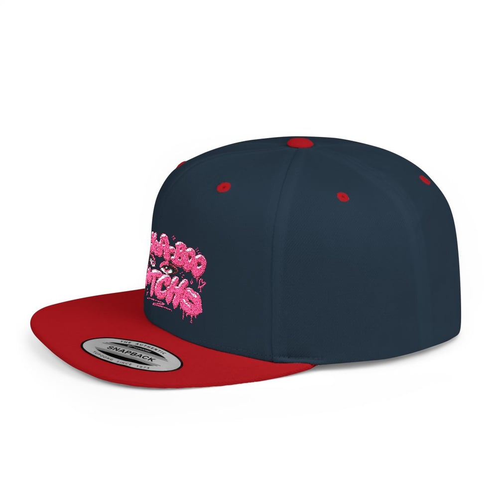 Image of Pink Glitter 'Peek-a-Boo Bitches' Flat Bill Snapback Hat