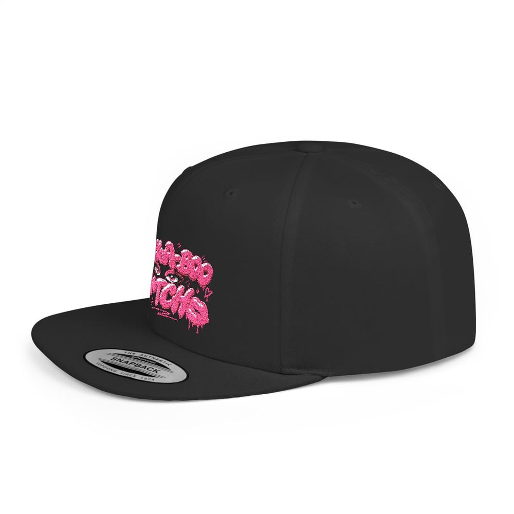 Image of Pink Glitter 'Peek-a-Boo Bitches' Flat Bill Snapback Hat