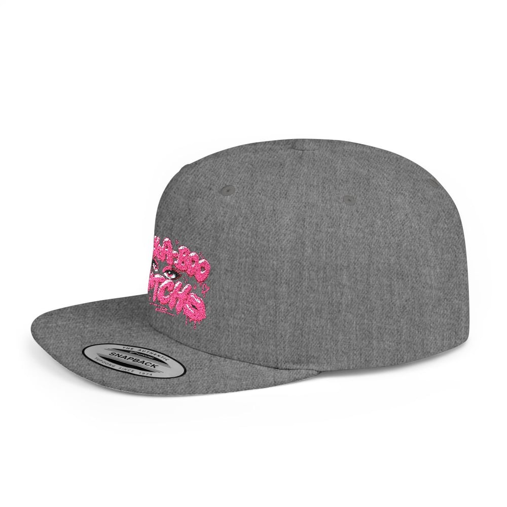 Image of Pink Glitter 'Peek-a-Boo Bitches' Flat Bill Snapback Hat