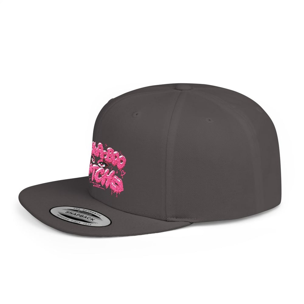 Image of Pink Glitter 'Peek-a-Boo Bitches' Flat Bill Snapback Hat