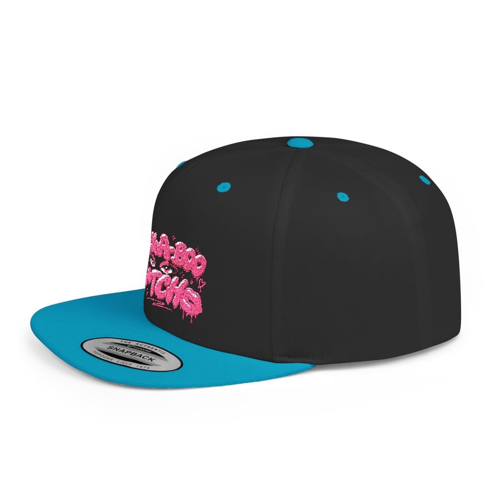 Image of Pink Glitter 'Peek-a-Boo Bitches' Flat Bill Snapback Hat