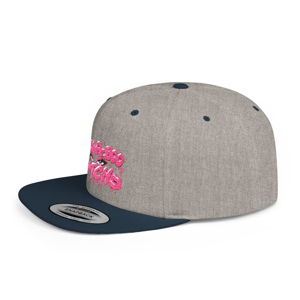Image of Pink Glitter 'Peek-a-Boo Bitches' Flat Bill Snapback Hat