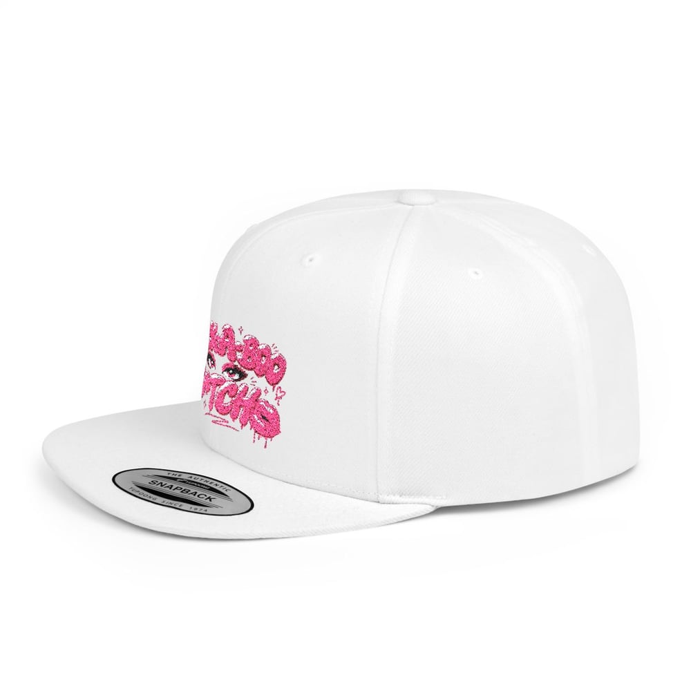 Image of Pink Glitter 'Peek-a-Boo Bitches' Flat Bill Snapback Hat