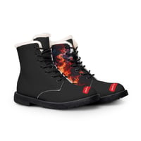 Image 1 of Women's Fur-Lined Leather Boots — Fiery Campfire Graphic Winter Ankle Boots