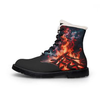 Image 2 of Women's Fur-Lined Leather Boots — Fiery Campfire Graphic Winter Ankle Boots