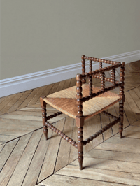 Image 2 of Vintage French Corner Chair – Turned Wood & Woven Rush Seat