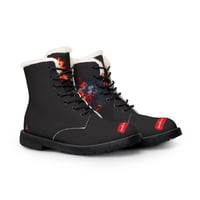 Image 1 of Women's Fur-Lined Leather Boots — Fiery Campfire Graphic Winter Ankle Boots