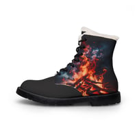 Image 2 of Women's Fur-Lined Leather Boots — Fiery Campfire Graphic Winter Ankle Boots