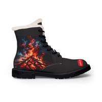 Image 3 of Women's Fur-Lined Leather Boots — Fiery Campfire Graphic Winter Ankle Boots
