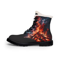 Image 4 of Women's Fur-Lined Leather Boots — Fiery Campfire Graphic Winter Ankle Boots