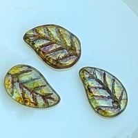 Image 4 of Crystal Stained Leaf Pendant Beads, Czech Glass Leaf Charms, Olive Gold Blue Luster Leaves