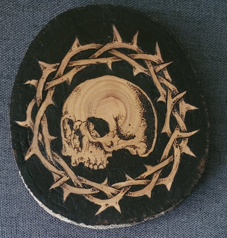 Image of Death's Crown wood burning piece 