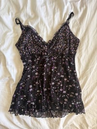 Image 1 of Vintage Y2K black floral cami with ruffle bust detail and ribbon 