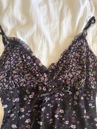 Image 2 of Vintage Y2K black floral cami with ruffle bust detail and ribbon 