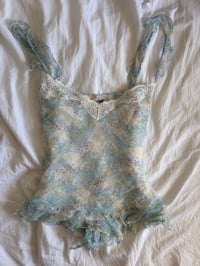 Image 1 of Vintage Y2K blue and white floral silk cami with asymmetrical hem and frilly straps 