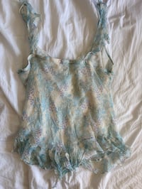 Image 2 of Vintage Y2K blue and white floral silk cami with asymmetrical hem and frilly straps 