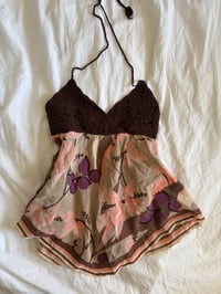 Image 1 of Vintage Y2K brown crochet bust silk sequin asymmetrical hem cami 
