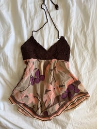 Image 8 of Vintage Y2K brown crochet bust silk sequin asymmetrical hem cami 