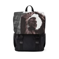Image 1 of Statue Embrace Backpack | Urban Sculpture Print, Cityscape Flap Backpack