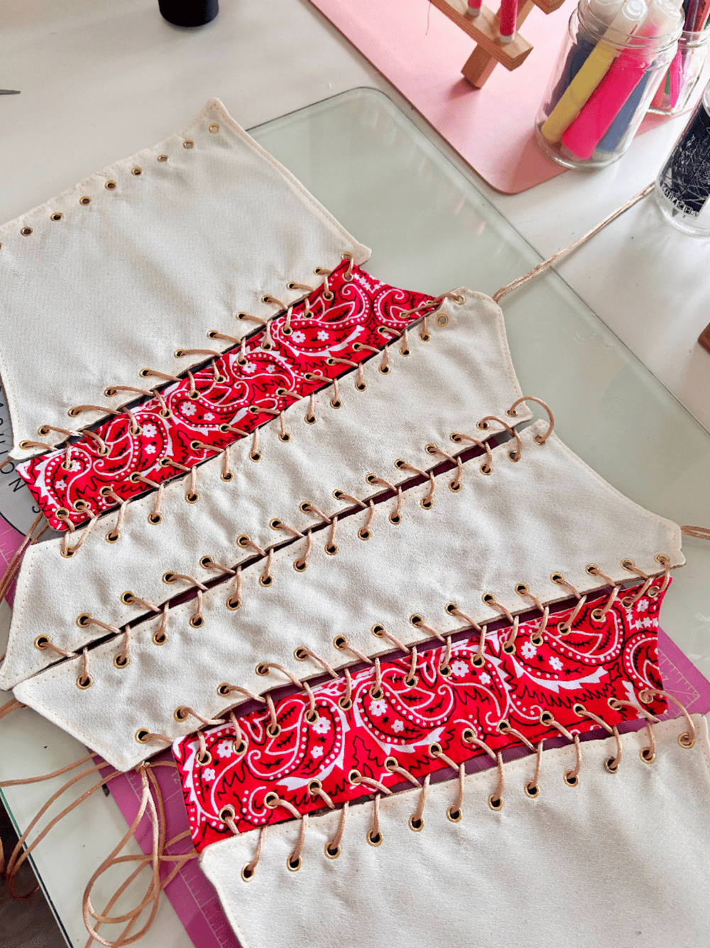 Image of soft glam beige & red bandana corset