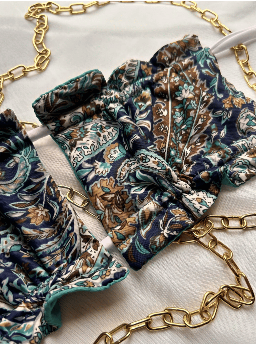 Image of the majolica blue arabesc reversible bikini top