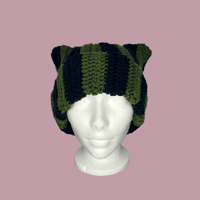 Image 2 of Green and Black Striped Cat Ear Beanie