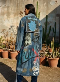 Image 1 of SNAKE¥ DENIM COAT UPCYCLED  ¥ UNISEX ¥ VINTAGE TRENCHCOAT ¥ IBIZA¥ HANDPAINTED