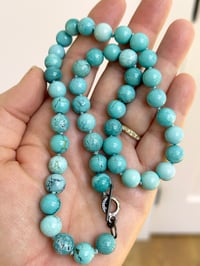 Image 3 of  Turquoise Necklace One-of-a-Kind Knotted — 10mm Polished Beads, Sterling Silver Handmade Clasp