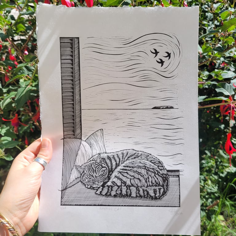 Cat Nap Lino Print