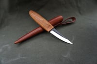 Image 10 of Slöyd Knife Wild Cherry Handle Wood Carving Puukko Style Leather Sheath 