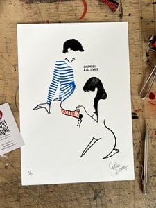 Image of "Sucependu à ses lèvres" woodcut print