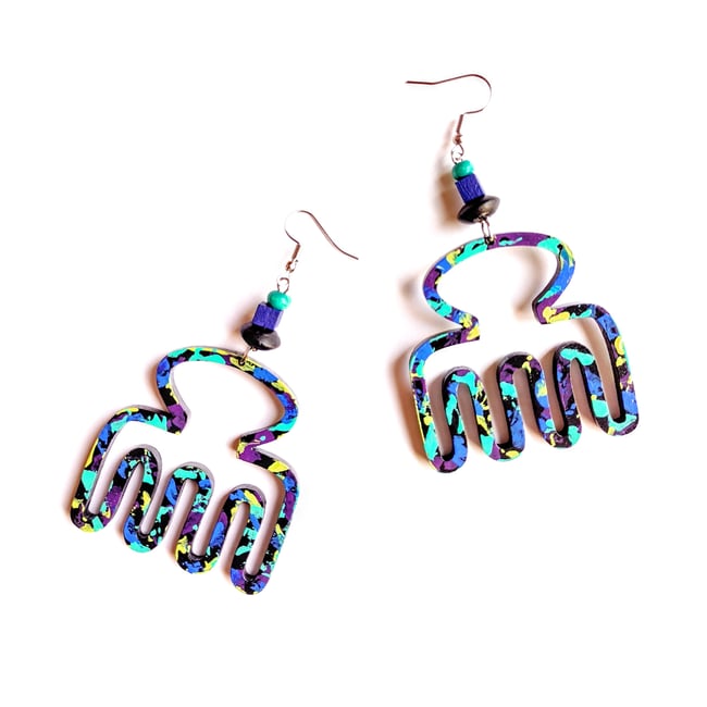 Black Graffiti Beaded Comb Earrings 