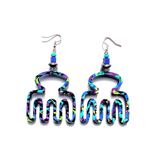 Black Graffiti Beaded Comb Earrings 