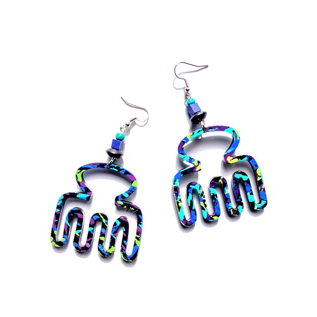 Black Graffiti Beaded Comb Earrings 