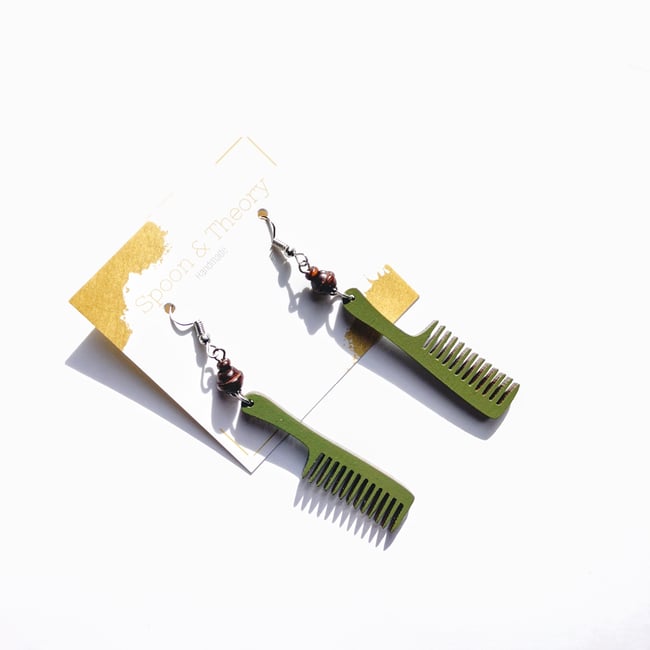 Olive Mini Beaded Wood Combs 