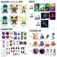 the rest of the merch i still have (stickers, prints, charms, pillows)