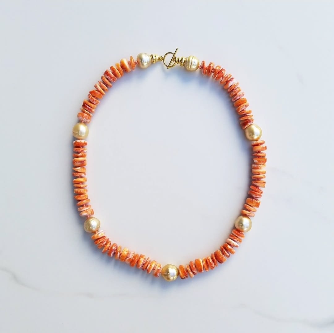 Gold South Sea Pearls and Orange Shell Necklace
