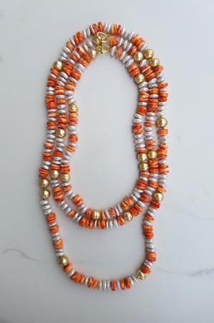9 Gold Pearl, Fresh Water Pearl, Orange Shell Necklace