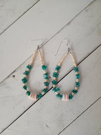 Image 1 of Melon heishi, natural turquoise and red lip earrings 
