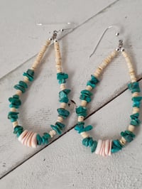 Image 2 of Melon heishi, natural turquoise and red lip earrings 