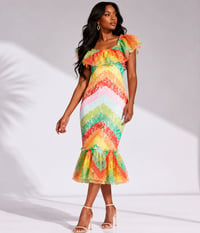 WOMEN'S RUFFLE SLEEVE MULTI COLOR BODYCON LACE MIDI DRESS